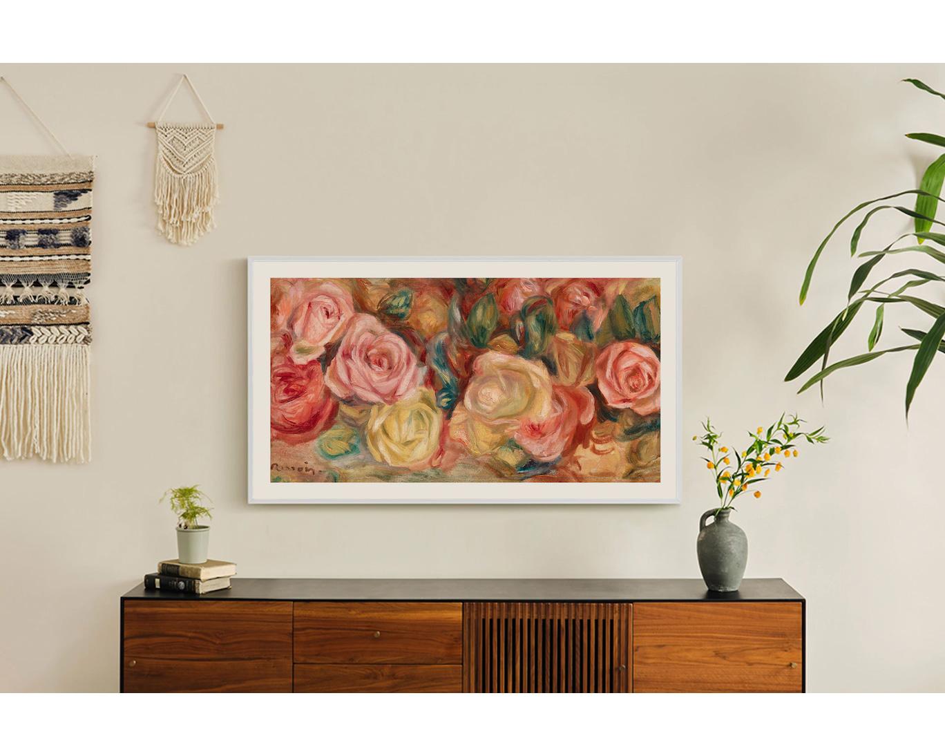 Samsung The Frame 65 tommer hengt på vegg som kunstdisplay med mørk ramme