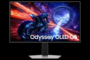 Samsung Odyssey OLED G6 G60SF gamingskjerm sett forfra med tynn ramme