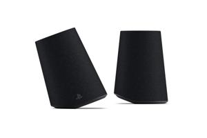 Sony PULSE Elevate trådløse høyttalere i sort, plassert på et skrivebord ved siden av en PS5