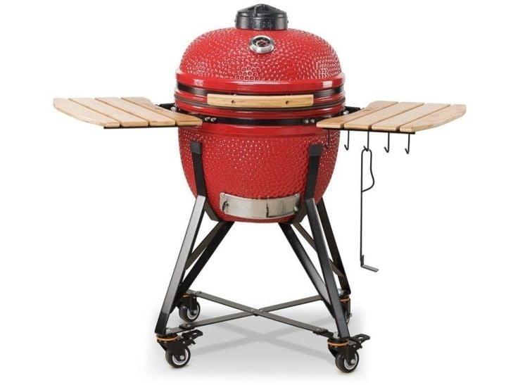 Kamado Bono Limited TQ0025 keramisk kamado-grill i rødt klar til bruk på terrassen