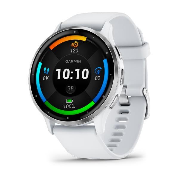 Garmin Venu 3 45mm smartklokke i hvit/sølv med AMOLED-skjerm som viser treningsdata