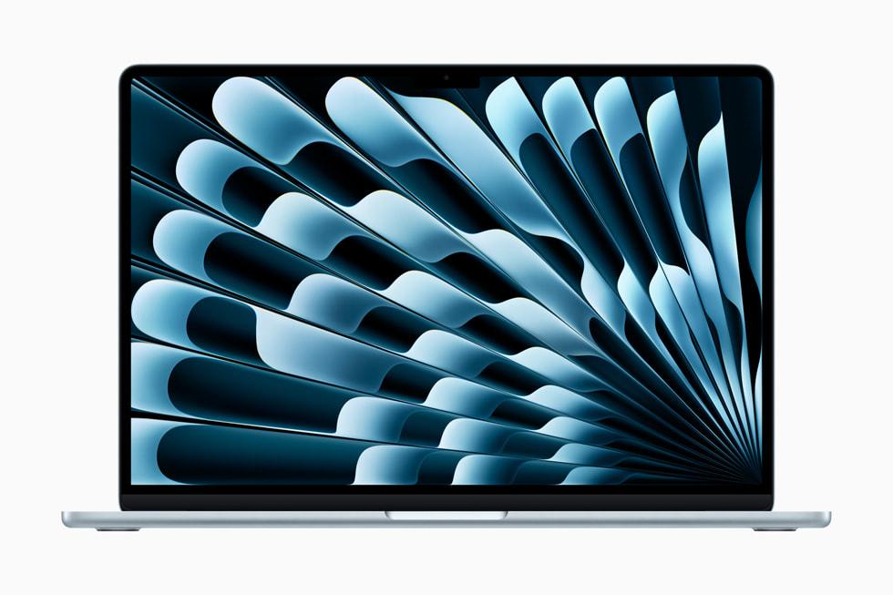 Apple MacBook Air M4 13 tommer i himmelblå farge sett ovenfra med åpen skjerm