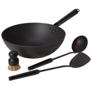 Satake woksett i karbonstål 32 cm med wokspade, sleiv og rengjøringsbørste
